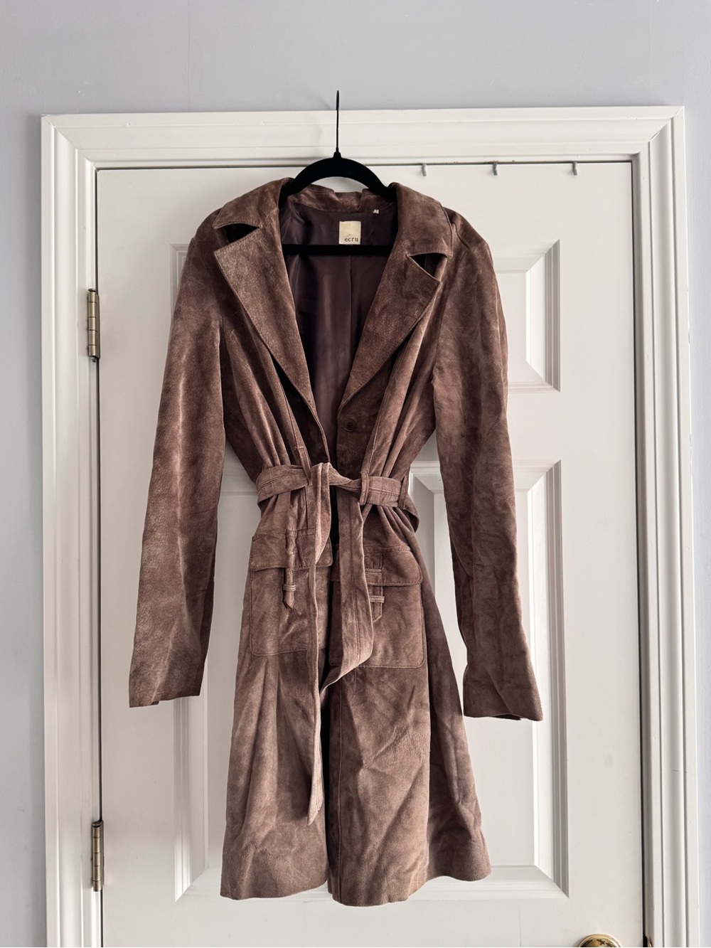 ecru Suede Trench Coat in Taupe Brown - Belted